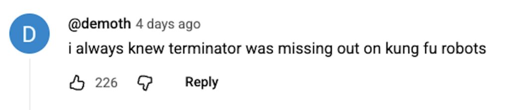 Social media comment on the post of Fighting robot H2 humanoid launches impressive martial arts kicks and breaks watermelons - 5'9" Chinese robot trains with humans in viral video with 5 million views.