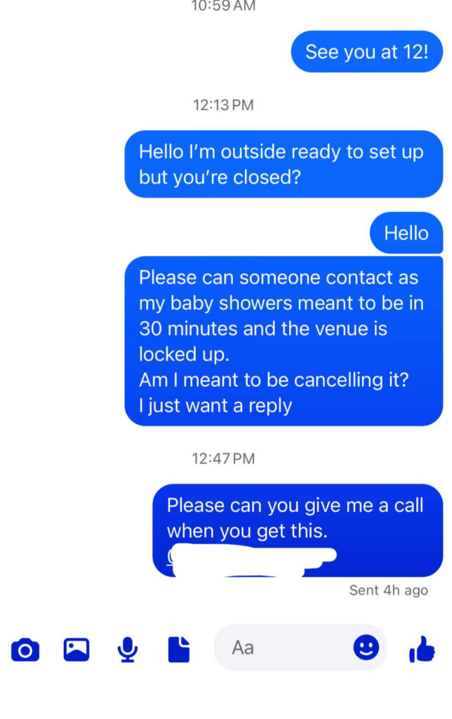 Pregnant mum left in tears after baby shower venue failed to open on the day, despite deposit and confirmations, forcing last minute scramble and guests missing out.