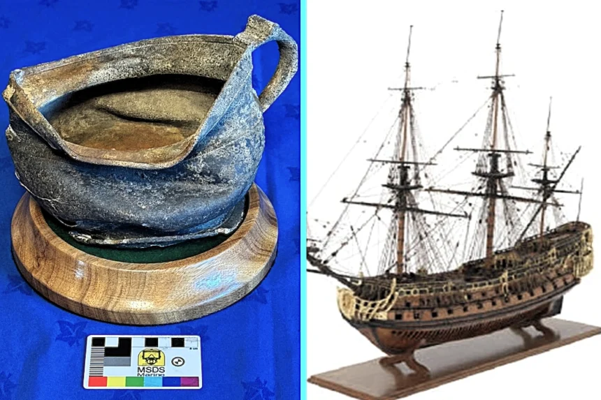 Rare 330-year-old captain's chamber pot found in warship wreck off Cornwall. One of only six known. High-status luxury item most sailors could never afford.