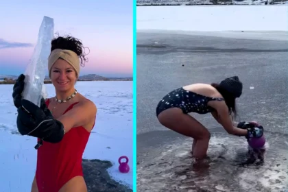 Fearless wild swimmer smashes through a frozen Welsh mountain lake for a sub zero dip, chasing dopamine highs and adrenaline as winter swim season officially begins