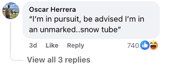 Social media comment on the post of Police officer launched down snowy hill in rubber ring goes viral after hitting bump and crashing onto his back - 89,000 likes as viewers joke about service weapon.