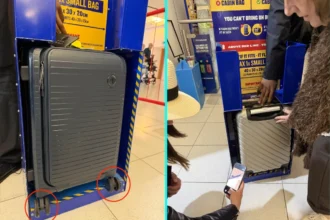 Ryanair passenger claims she was hit with a £75 fine at the gate because her suitcase wheels poked out of the bag sizer, despite paying extra for priority cabin baggage.