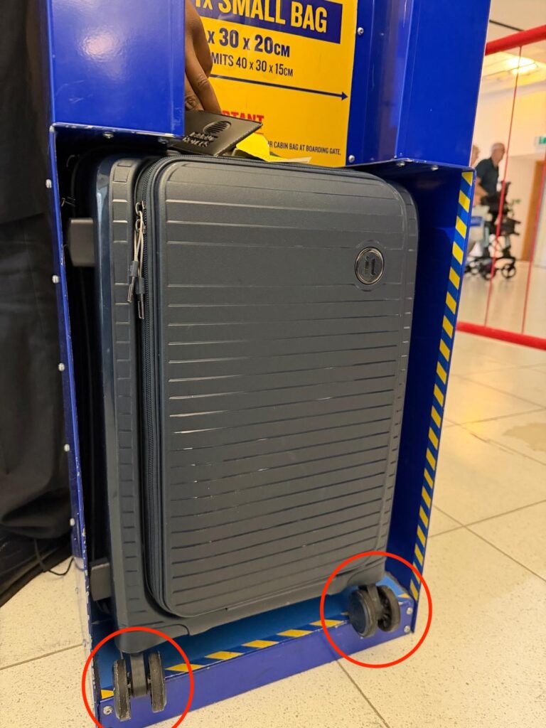 Ryanair passenger claims she was hit with a £75 fine at the gate because her suitcase wheels poked out of the bag sizer, despite paying extra for priority cabin baggage.
