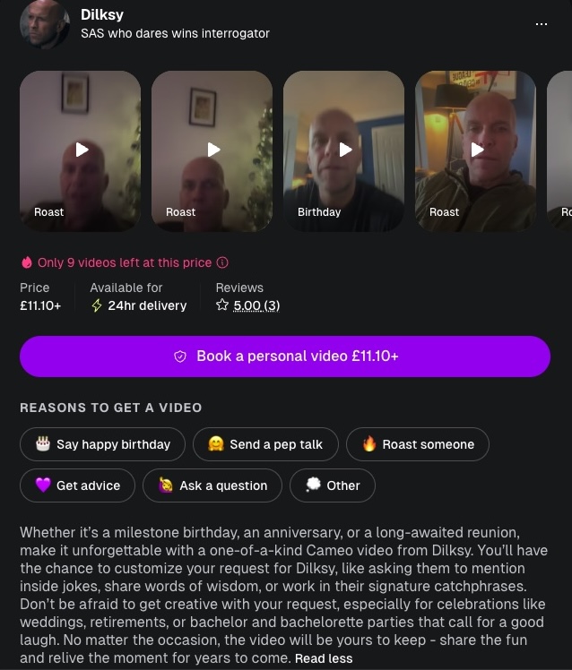 SAS: Who Dares Wins interrogator Ian Dilkes sells personalised nice or nasty video messages for £11 on Cameo, offering roasts, birthday wishes and insults to fans.