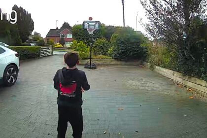 An 11-year-old schoolboy was left stunned after nailing an incredible 27ft basketball trick shot in his driveway, with the jaw-dropping moment perfectly captured on the family’s Ring doorbell camera