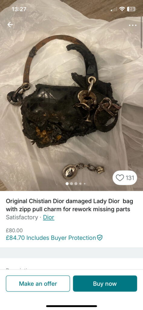 Fire-damaged Christian Dior bag listed on Vinted for £80 leaves shoppers baffled. The burnt designer bag with missing parts has over 130 likes despite its condition.