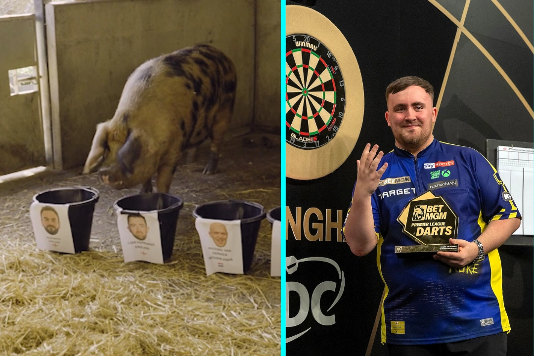 Psychic pig Truffle correctly predicted Luke Littler's second world darts championship win by choosing his feed bucket at Ouseburn Farm, Newcastle, repeating her accurate 2024 prediction.