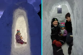 Stonemason builds igloo with working fireplace and chimney during Beast from the East - Kyle Doran hand crafts cosy shelter in Orkney garden for toasting marshmallows with daughter.