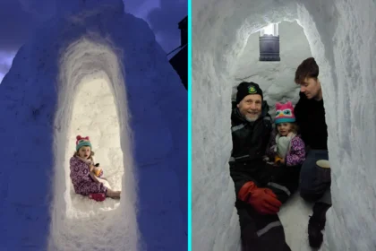Stonemason builds igloo with working fireplace and chimney during Beast from the East - Kyle Doran hand crafts cosy shelter in Orkney garden for toasting marshmallows with daughter.