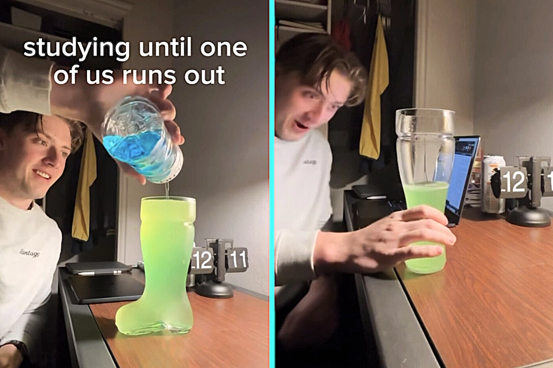 A struggling student shocked viewers by chugging a glowing green ‘brain juice’ made of energy drinks in under a minute, racking up millions of views online