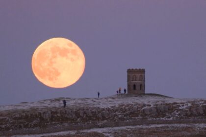 Breathtaking time lapse captures a giant wolf supermoon rising over a frozen landscape in Derbyshire, filmed at perihelion to reveal the moon’s dramatic size and beauty..