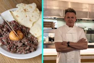Gordon Ramsay slammed for serving £14 raw steak tartare at Pizza East Shoreditch that fans say looks like dog food, with some joking about salmonella risks on the French dish.
