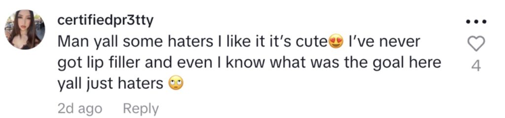 Social media comment on the post of Woman left shocked after clinic taped up her lips following filler procedure. Kseniia Krainia's practitioner used new technique designed to hold filler in correct position.