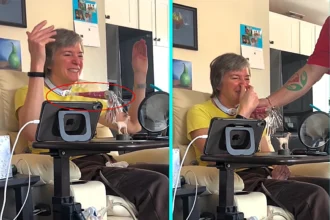 Woman with terminal MSA blows toy horn using neck tracheotomy in heartwarming viral video. Andrea Brown spreads joy with brother on FaceTime despite her diagnosis.