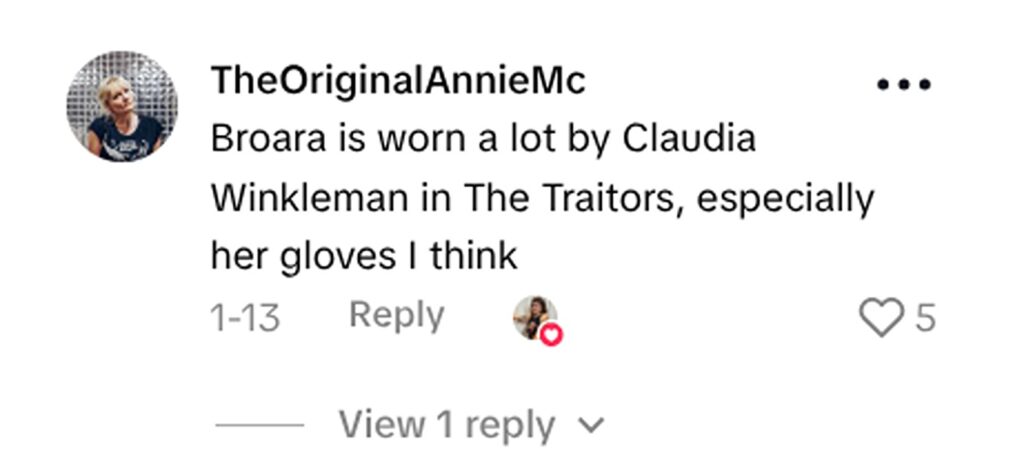 Social media comment on the post of Shopper finds £400 Brora cashmere jumper, as worn by Claudia Winkleman on The Traitors, in charity shop for just £8 and says she couldn't believe her eyes.