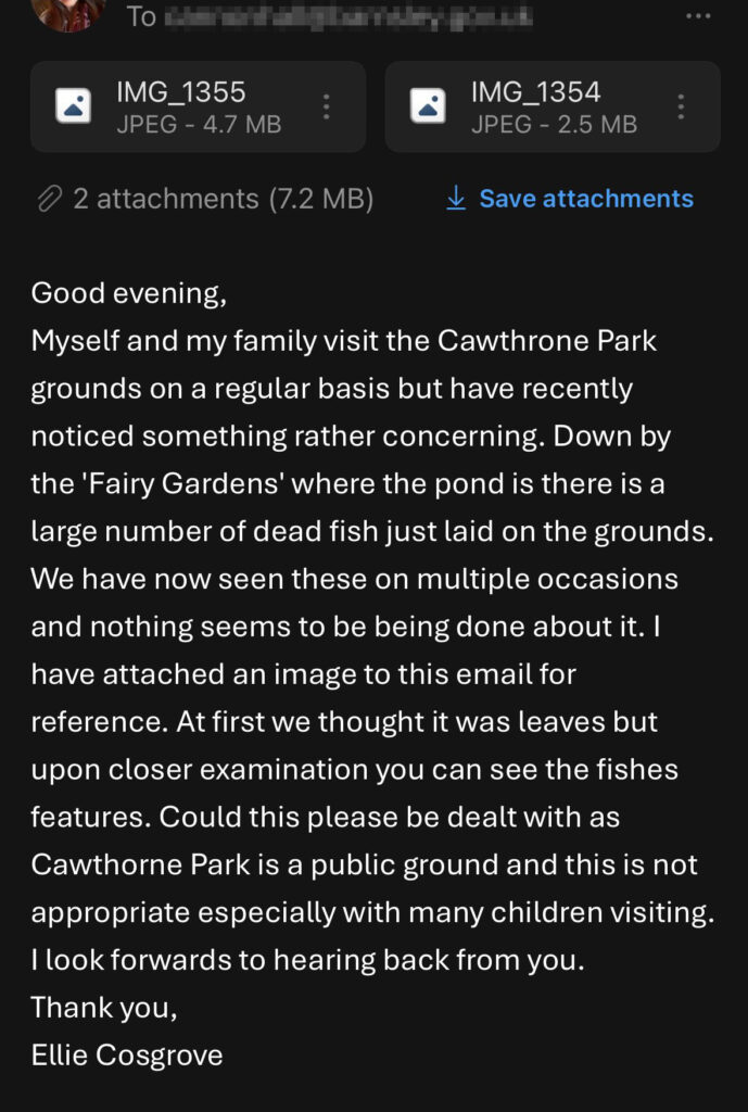 Worried mum reports dozens of dead fish floating in Barnsley park pond to officials. Ellie Cosgrove left mortified to discover they were clay art installation.