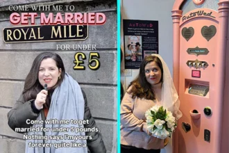 Woman gets married for just £5 using pink wedding ATM in Edinburgh saving £30,000. Delia Lazaroiu and partner Tom got married at Camera Obscura museum cash machine.