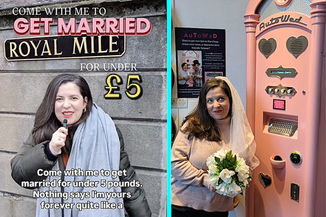 Woman gets married for just £5 using pink wedding ATM in Edinburgh saving £30,000. Delia Lazaroiu and partner Tom got married at Camera Obscura museum cash machine.