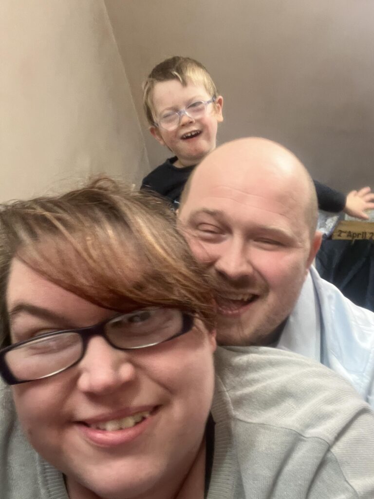 Woman who lost her sight found love when her guide dog Bailey introduced her to Martin and his guide dog Diesel, now married with a son who also has cataracts.