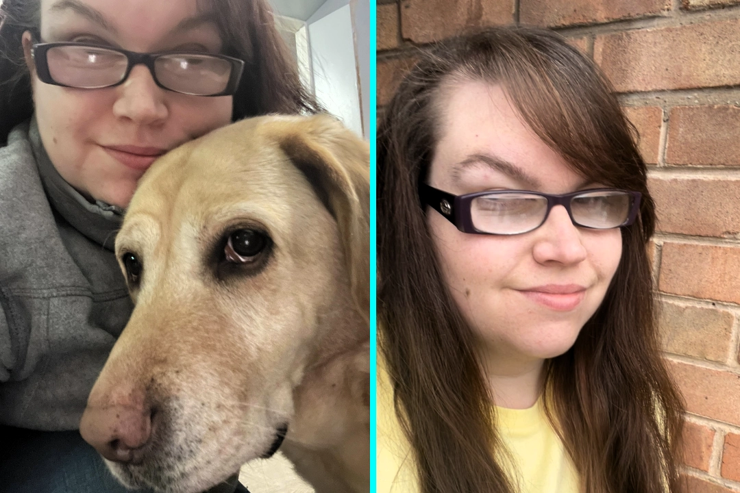 Woman who lost her sight found love when her guide dog Bailey introduced her to Martin and his guide dog Diesel, now married with a son who also has cataracts.