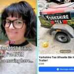 American expat in Manchester says the most British thing she has seen is a wheelie bin turned into a motorbike trailer wrapped in Yorkshire Tea with a teapot attached