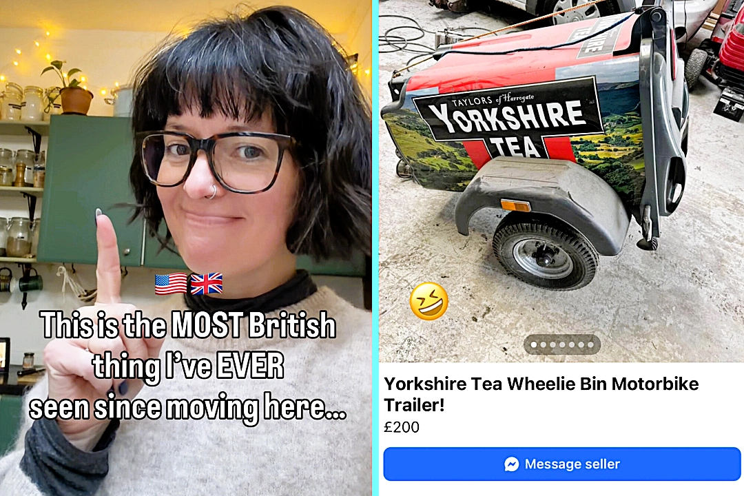 American expat in Manchester says the most British thing she has seen is a wheelie bin turned into a motorbike trailer wrapped in Yorkshire Tea with a teapot attached