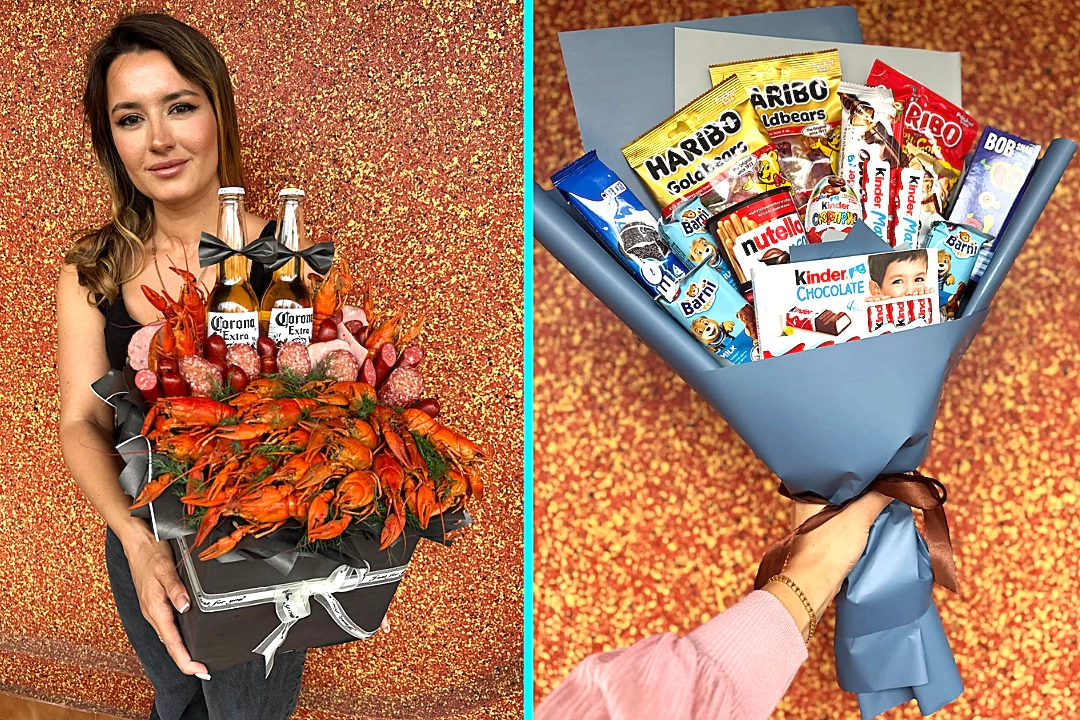 Woman makes bizarre edible bouquets from chicken feet, sushi and crisps. Katya from Georgia's viral creations rack up 460,000 likes. Perfect for Valentine's Day gifts.