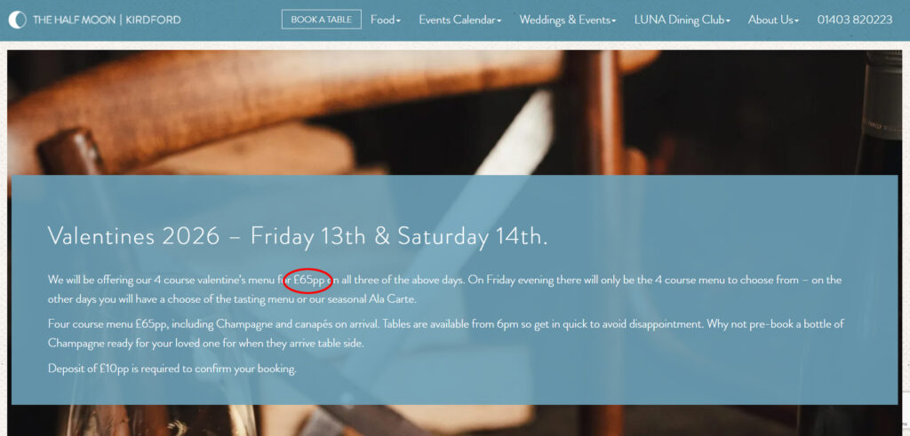 Jodie Kidd’s pub sells out a £65 Valentine’s four course dinner with champagne, wagyu and truffles, proving romance is pricey at the celeb run Half Moon pub this Feb!!