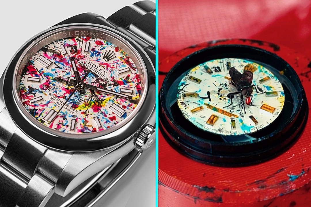 An artist turned a Rolex into abstract art by letting paint covered flies splatter the watch face, creating a one of a kind piece that stunned millions online.