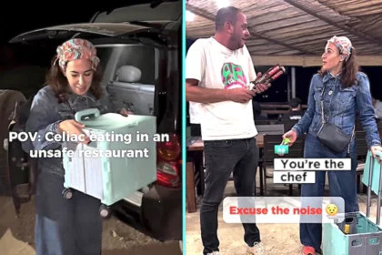 Woman with coeliac disease brought cart of ingredients to restaurant and helped chef prepare her meal. The viral video sparked heated debate online with 2.1m views.