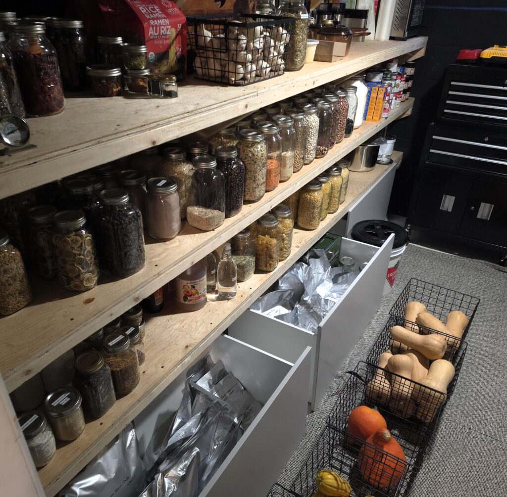 A couple built a fully stocked basement supermarket for under £400, filling it with homemade and bulk goods to save money, eat better and boost family self sufficiency