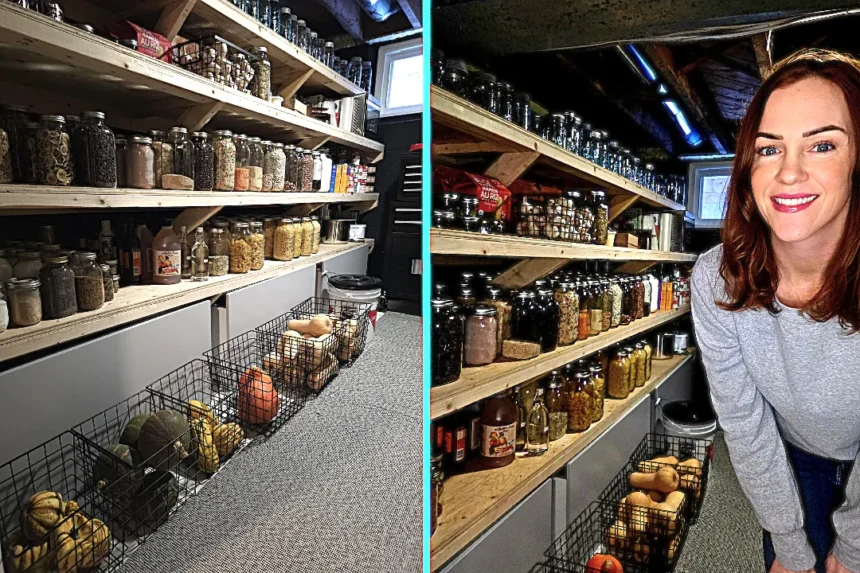 A couple built a fully stocked basement supermarket for under £400, filling it with homemade and bulk goods to save money, eat better and boost family self sufficiency