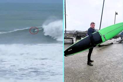 Andrew Tuck conquered Britain's biggest wave at the Cribbar in Newquay, riding the 20ft monster breaker. One of the largest swells to hit Cornwall this winter.