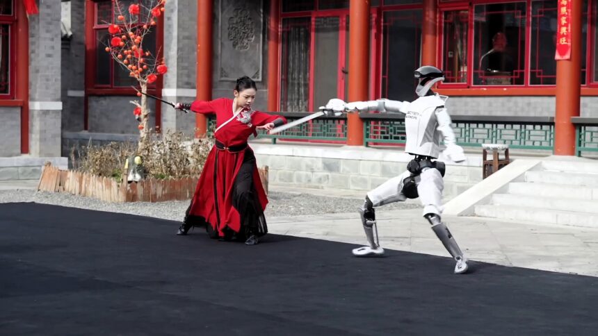 Humanoid robot L7 filmed wielding sword with terrifying expertise for Chinese New Year dance. The 5ft 6in bot with 55 moving joints leaves viewers fearing robot future.