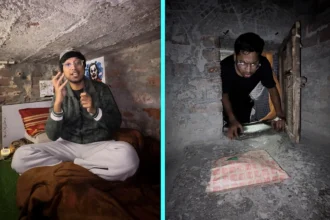 A man living in a tiny concrete box with no windows and a ceiling so low he can't stand up pays just £40 a month in rent - and turned his cramped space into a viral influencer career.