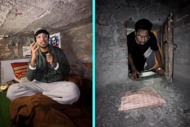 A man living in a tiny concrete box with no windows and a ceiling so low he can't stand up pays just £40 a month in rent - and turned his cramped space into a viral influencer career.