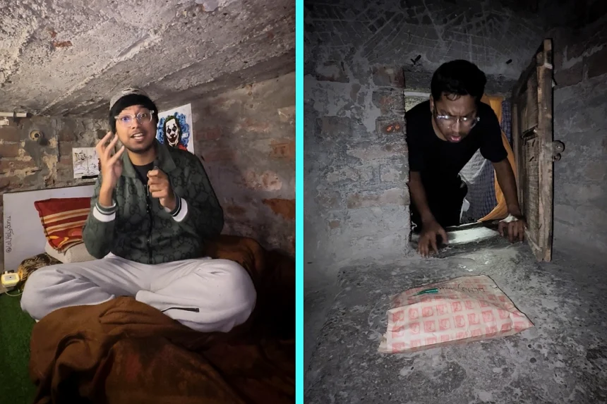 A man living in a tiny concrete box with no windows and a ceiling so low he can't stand up pays just £40 a month in rent - and turned his cramped space into a viral influencer career.