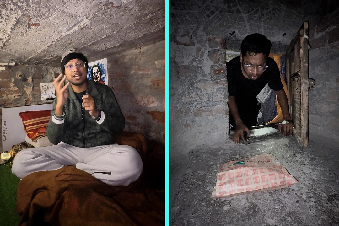 A man living in a tiny concrete box with no windows and a ceiling so low he can't stand up pays just £40 a month in rent - and turned his cramped space into a viral influencer career.