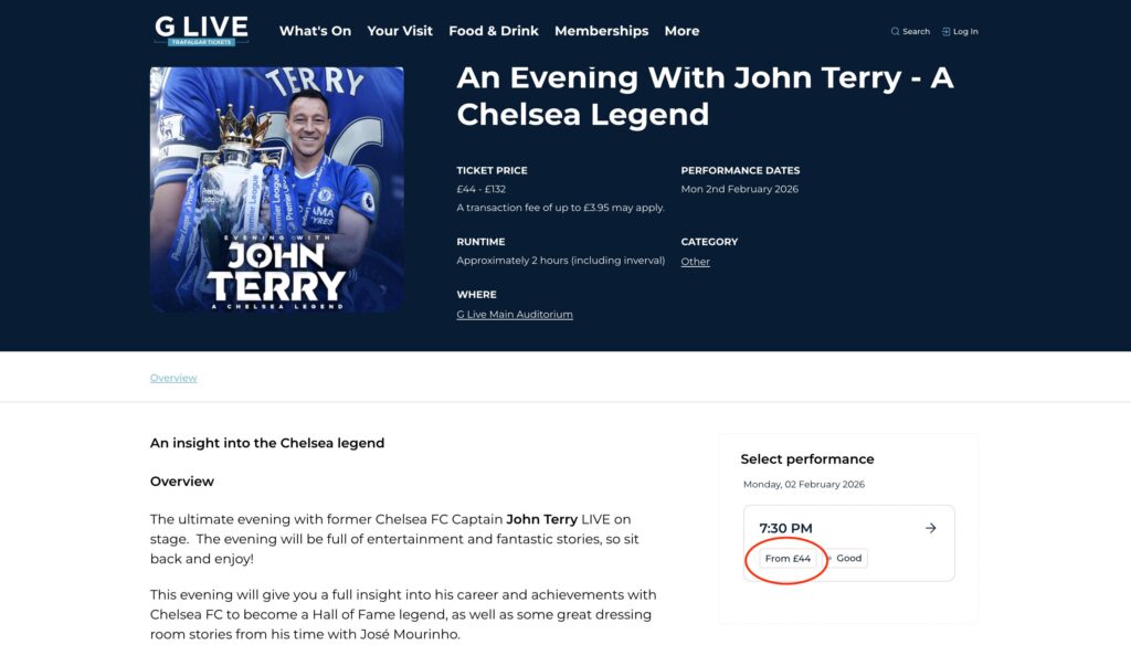 John Terry charges just £44 for speaking event in Guildford after demanding £500 three years ago. Former Chelsea captain will share dressing room stories and career tales.