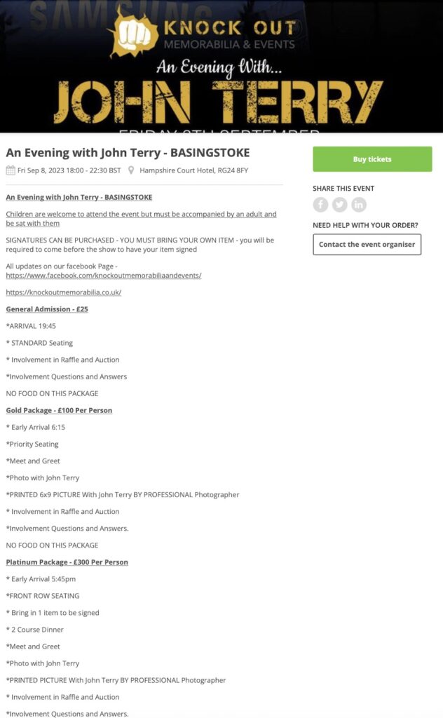John Terry charges just £44 for speaking event in Guildford after demanding £500 three years ago. Former Chelsea captain will share dressing room stories and career tales.