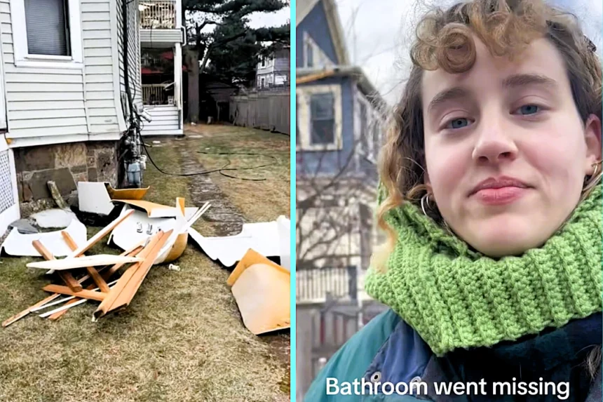 Tenant Maggie Poost, 25, reports small bath leak to landlord. Plumber demolishes entire bathroom without warning and dumps bathtub in garden. Video hits 1.5m views.