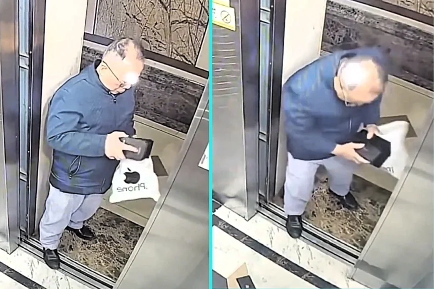 A man in China dropped his brand new iPhone down a lift shaft gap while unboxing it, losing the £1,075 device seconds after buying it in a cringe CCTV moment