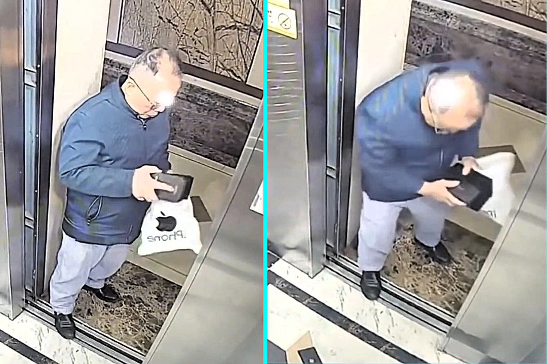 A man in China dropped his brand new iPhone down a lift shaft gap while unboxing it, losing the £1,075 device seconds after buying it in a cringe CCTV moment