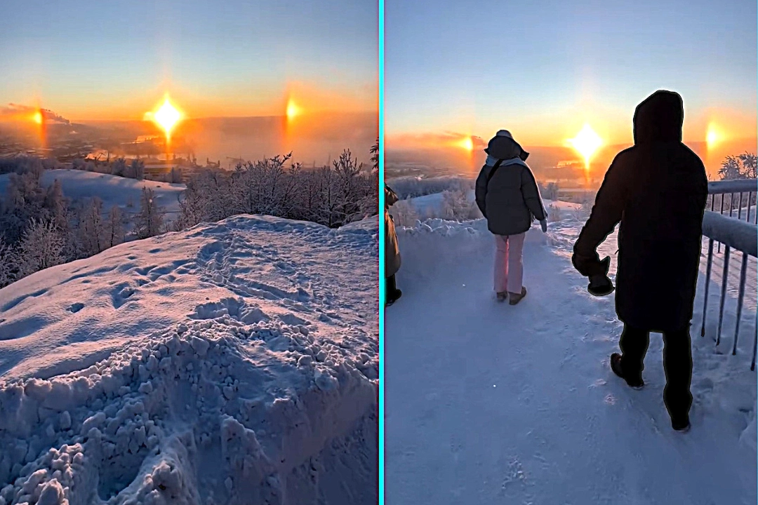 Tour guide stuns viewers with video of a rare ‘three suns’ illusion glowing over snowy Murmansk at sunrise as a parhelion forms from ice crystals above the bay