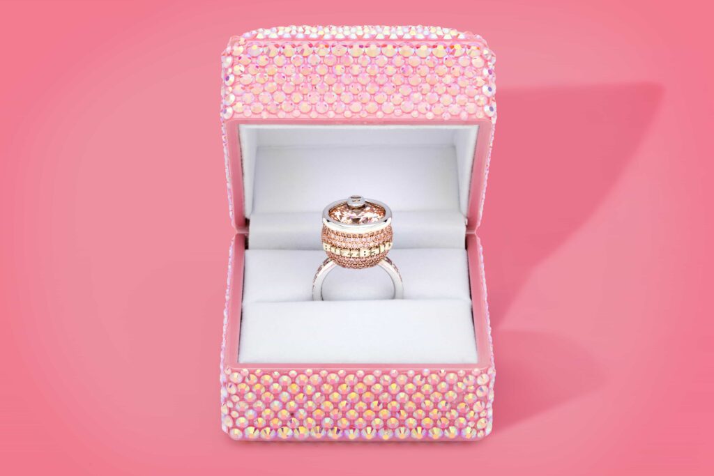 A BuzzBallz inspired 9 carat pink diamond engagement ring sparked a bidding frenzy on eBay, jumping from £1.56 to over £2,200 in just 24 hours.