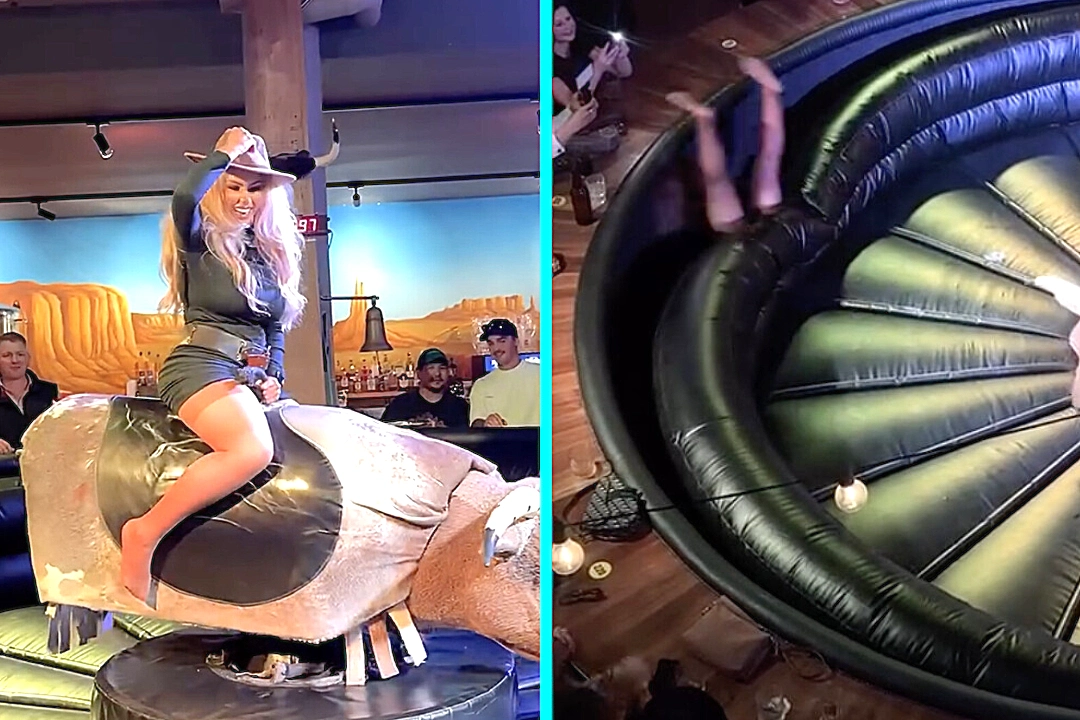 Married At First Sight star Sarah, 46, vanishes behind mechanical bull after tumbling backwards. Viral video of her epic fail gets 85,000 views as she jokes dignity took hit.