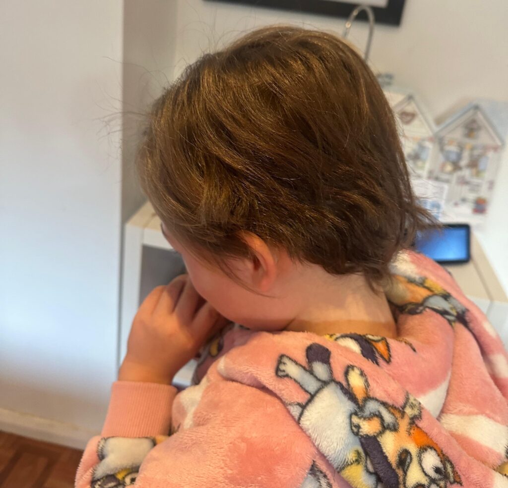 Peggy, 6, hacked off her shoulder-length hair to the scalp with nail scissors while parents slept in West Byfleet. Mum Alison Dean was speechless at new look.