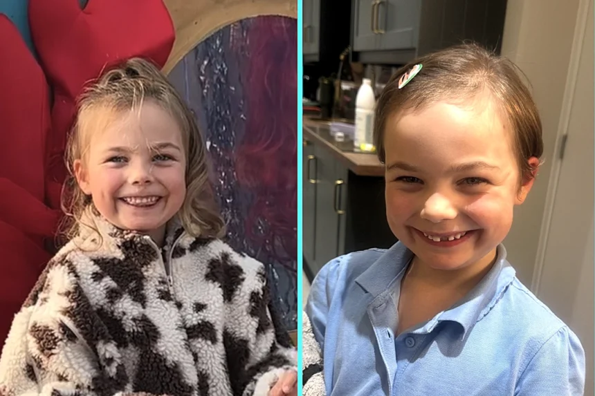 Peggy, 6, hacked off her shoulder-length hair to the scalp with nail scissors while parents slept in West Byfleet. Mum Alison Dean was speechless at new look.
