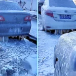 Parked cars in Changchun, China turned into ice sculptures after -20C freeze. Residents used knives and hammers to chip away thick ice coating from vehicles.
