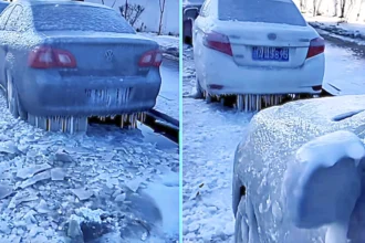 Parked cars in Changchun, China turned into ice sculptures after -20C freeze. Residents used knives and hammers to chip away thick ice coating from vehicles.